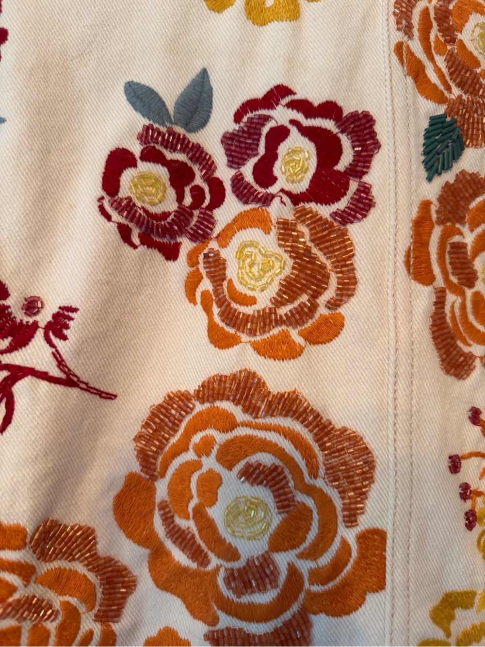 We The Free Cream Embroidered Floral Jean Jacket with Yellow & Orange Flowers - Picture 6 of 10